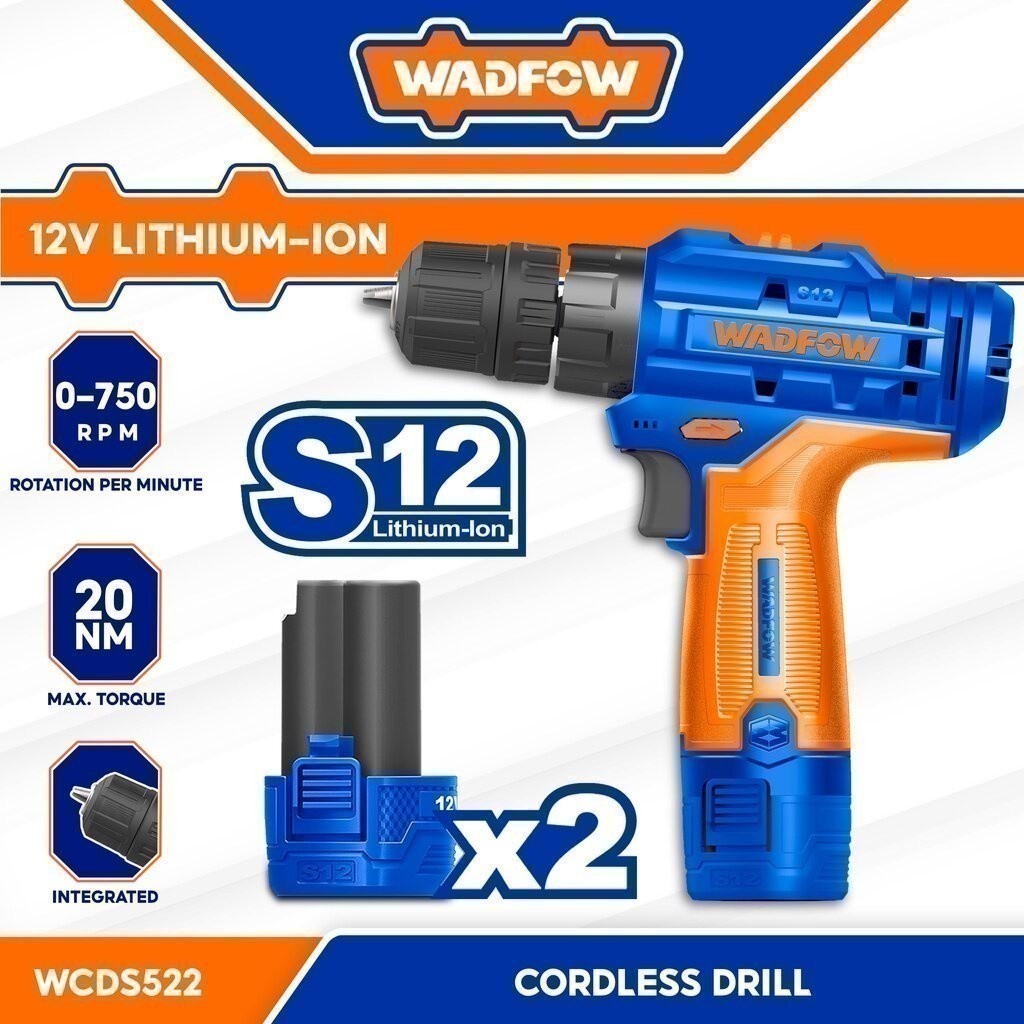 Wadfow S12 Series Lithium-Ion Cordless Drill 12v With 2Pcs Battery & Charger
