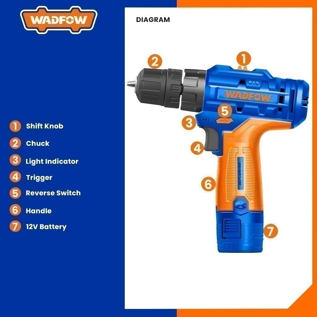 Wadfow S12 Series Lithium-Ion Cordless Drill 12v With 2Pcs Battery & Charger