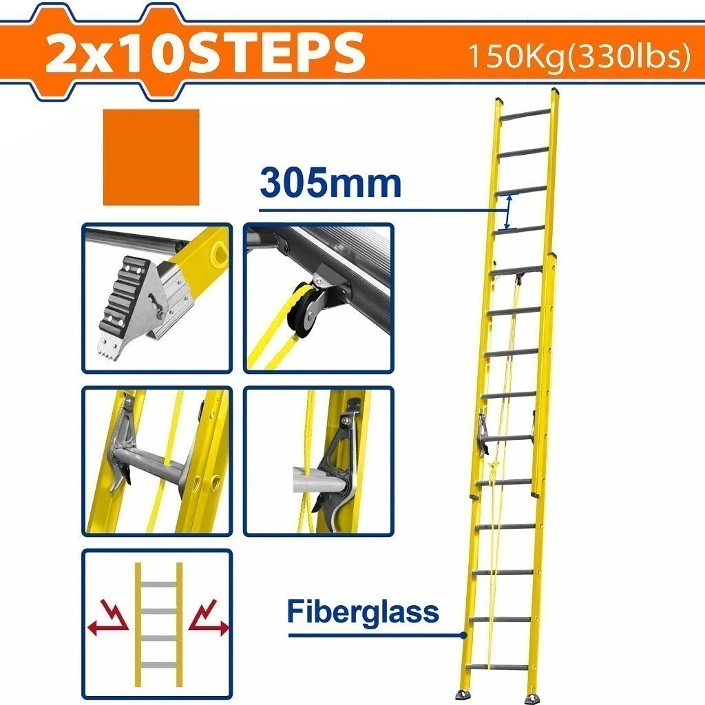 Wadfow 2 x 10 | 2 x 12 | 2 x 14 Extension Fiberglass Ladder Max Load 150kg(330 lbs)