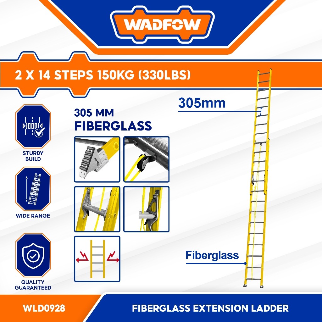 Wadfow 2 x 10 | 2 x 12 | 2 x 14 Extension Fiberglass Ladder Max Load 150kg(330 lbs)