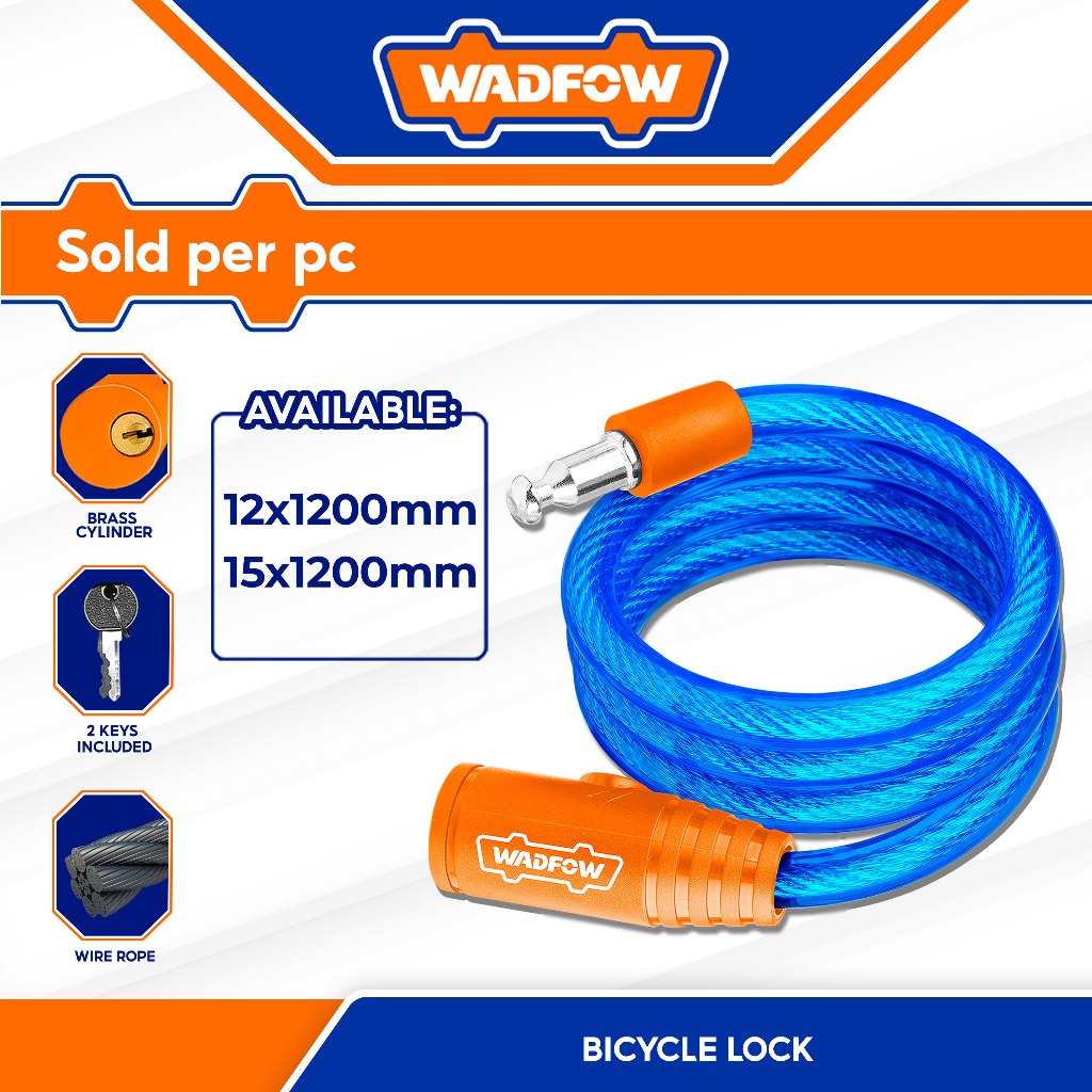 Wadfow 12mm x 800mm | 12mm x 1200mm | 15mm x1200mm Bicycle Lock / Safety Lock 2pcs keys WBK111 (WHT)