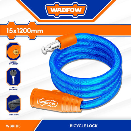 Wadfow 12mm x 800mm | 12mm x 1200mm | 15mm x1200mm Bicycle Lock / Safety Lock 2pcs keys WBK111 (WHT)