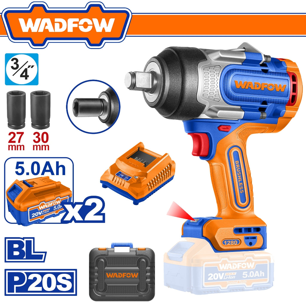 Wadfow P20S/20V Brushless Motor Lithium-Ion Cordless Impact Wrench 1280Nm WCD1B128 WAD-HT
