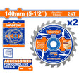 WADFOW 140mm (5-1/2") 24-tooth ultrathin circular saw blade (1.0mm kerf), pack of 2, designed for wood cutting with cordless tools, displayed with packaging box and specifications
