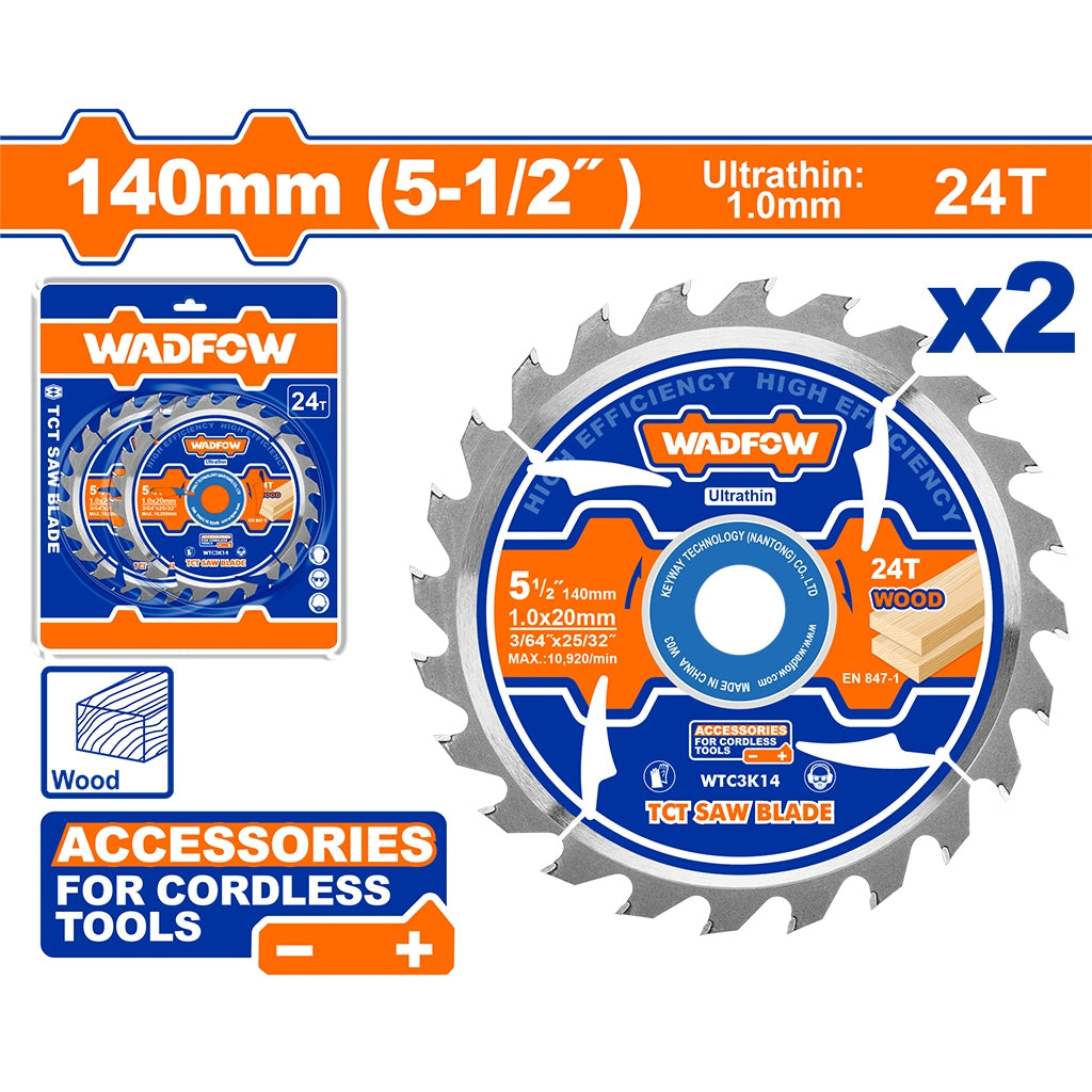 WADFOW 140mm (5-1/2") 24-tooth ultrathin circular saw blade (1.0mm kerf), pack of 2, designed for wood cutting with cordless tools, displayed with packaging box and specifications