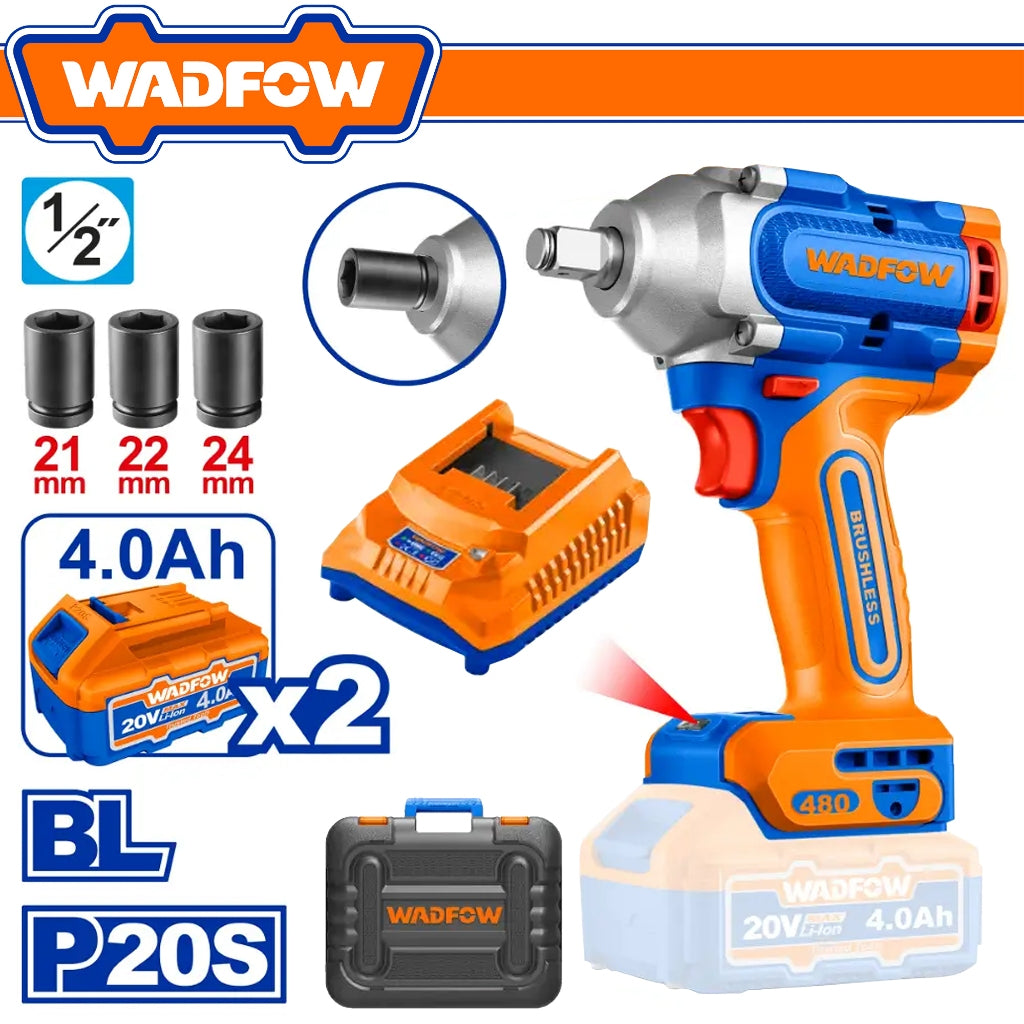 Wadfow P20S/20V Brushless Motor Lithium-Ion Cordless Impact Wrench 480Nm WCD1B483 WAD-HT