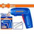 WADFOW 4V cordless electric screwdriver with 4N·m torque, featuring a blue body, red trigger, and Type-C charging port. The image displays the tool alongside its retail packaging and a set of two screwdriver bits.