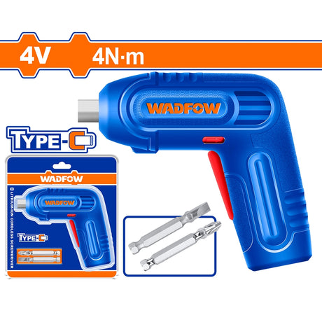 WADFOW 4V cordless electric screwdriver with 4N·m torque, featuring a blue body, red trigger, and Type-C charging port. The image displays the tool alongside its retail packaging and a set of two screwdriver bits.