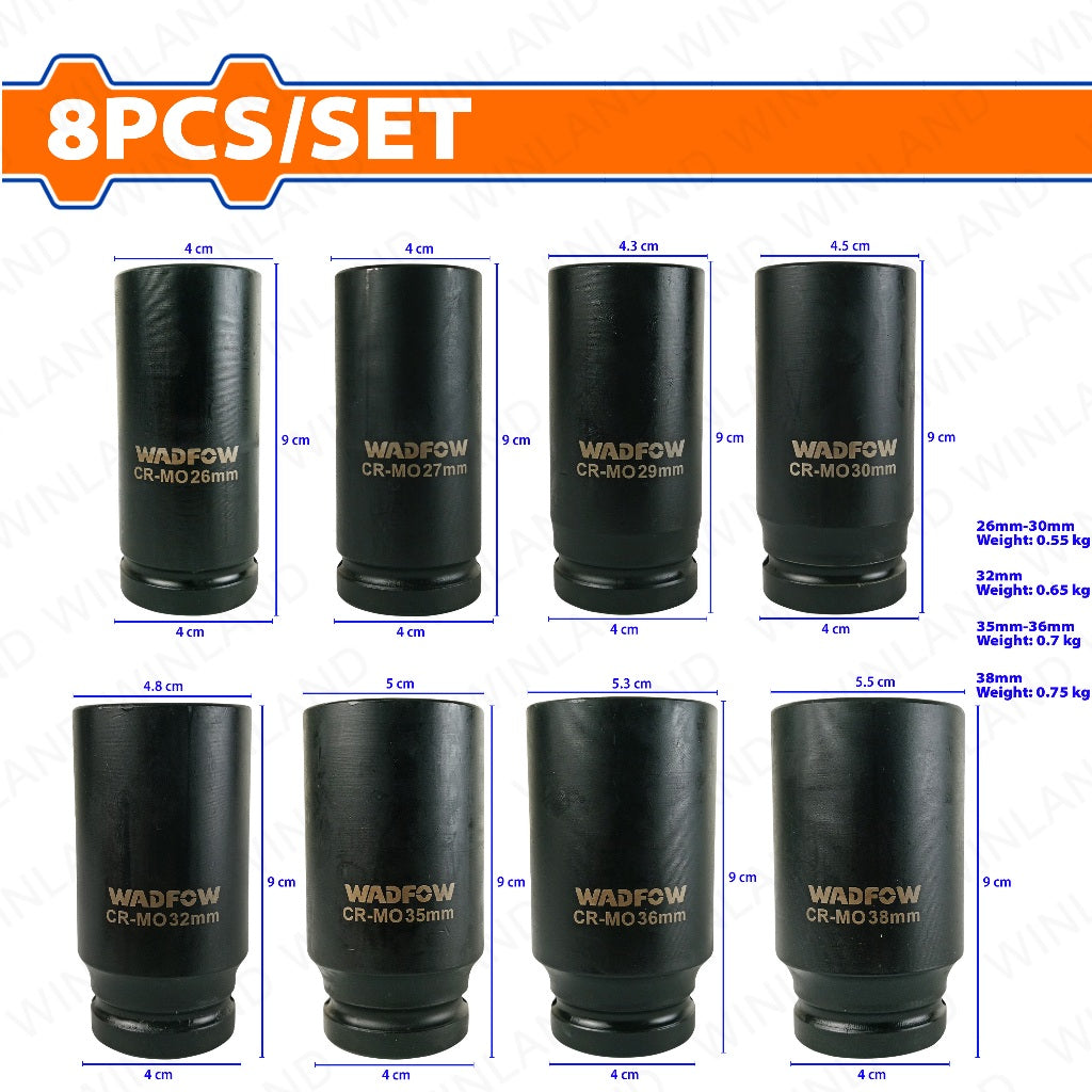 Wadfow Set of 8-Pieces 3/4inches Dr. Deep Impact Socket Set WMS4D09 WAD-HT