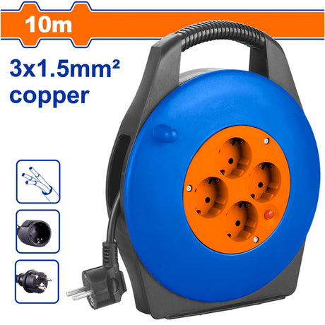 WADFOW 10-meter retractable cable reel with blue and orange housing, featuring 3x1.5mm² copper wire, multiple power outlets on the front panel, black carrying handle, and detailed views of the plug and socket connections.