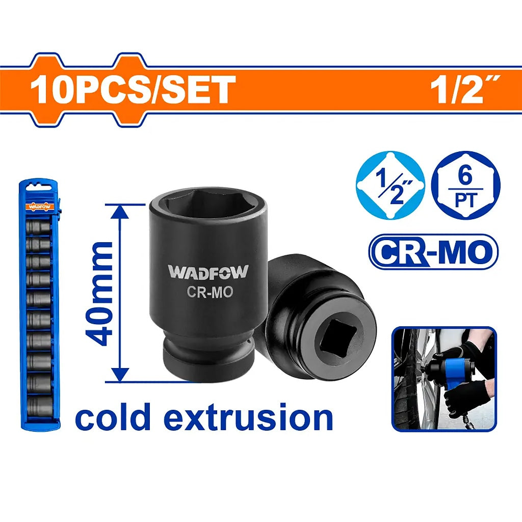 Wadfow 10pieces/Set 1/2inches Cr-Mo Dr. Deep Impact Socket Set WMSD201 WAD-HT