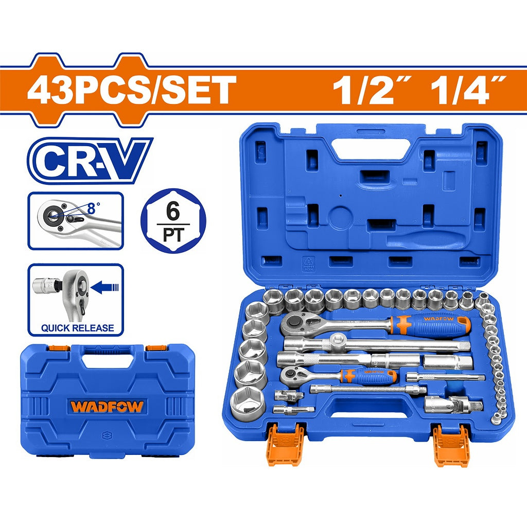 Wadfow 43PCS/Set Chrome Plated 1/4inches and 1/2inches Socket Set WST3D43 WAD-HT