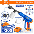WADFOW 20V cordless paint sprayer with brushless motor, 24.8 Bar pressure, and 3.2 L/min flow rate. Features 6 spray patterns and 360-degree nozzle rotation. Shown with two 2.0Ah batteries, a charger, a hose attachment, and retail packaging on the P20S platform