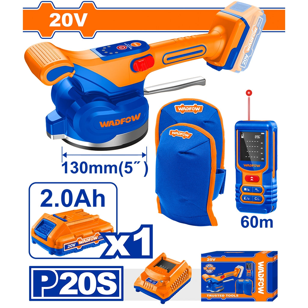 WADFOW 20V cordless polisher with 130mm (5") disc, featuring a 60m wireless remote control. The image displays the blue and orange tool with a dust bag, one 2.0Ah battery, and a charger, labeled as part of the P20S system
