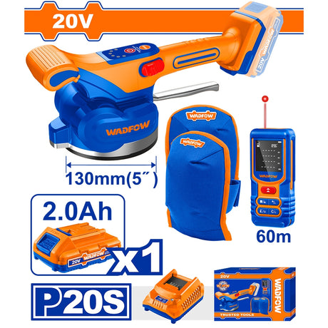WADFOW 20V cordless polisher with 130mm (5") disc, featuring a 60m wireless remote control. The image displays the blue and orange tool with a dust bag, one 2.0Ah battery, and a charger, labeled as part of the P20S system