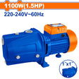 WADFOW 1100W (1.5HP) water pump with blue body and orange motor housing, 220-240V 60Hz, featuring 1-inch inlet and outlet ports