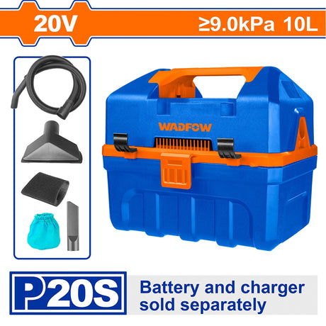 WADFOW 20V portable vacuum cleaner with 10L capacity and ≥9.0kPa suction, featuring a blue and orange hard-shell carrying case design. The image displays the unit alongside accessories including a hose, crevice tool, brush nozzle, filter, and floor nozzle, noting it is part of the P20S system with battery and charger sold separately