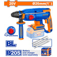 WADFOW 20V cordless rotary hammer drill with 26mm (1") capacity, featuring a Brushless (BL) motor and 4 functions. The blue and orange tool is shown with an attached battery, side handle, three drill bits, and retail packaging, with a note that battery and charger are sold separately