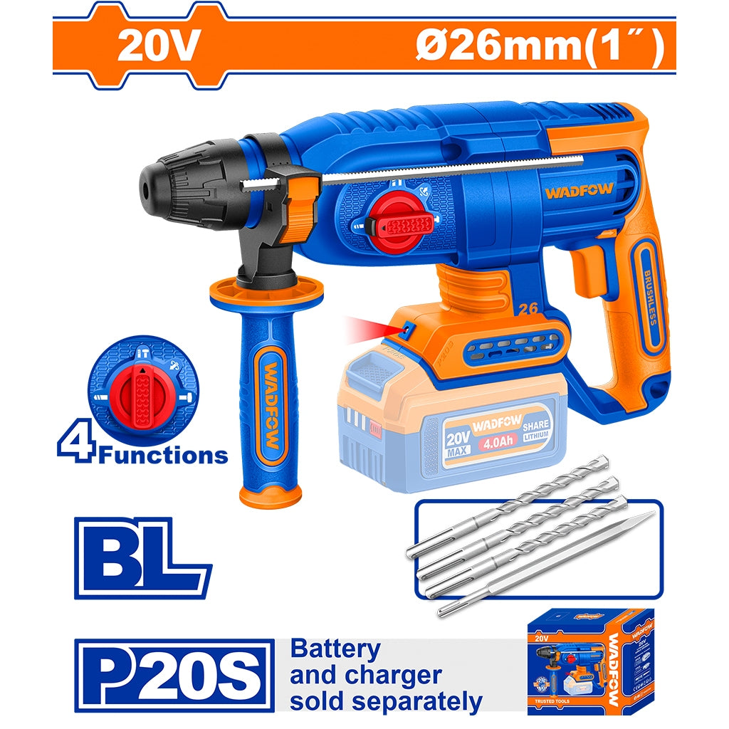 WADFOW 20V cordless rotary hammer drill with 26mm (1") capacity, featuring a Brushless (BL) motor and 4 functions. The blue and orange tool is shown with an attached battery, side handle, three drill bits, and retail packaging, with a note that battery and charger are sold separately