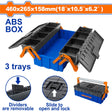 WADFOW 18-inch (460x265x158mm) blue ABS plastic toolbox with 3 cantilever trays, featuring removable dividers and a slide-to-lock mechanism