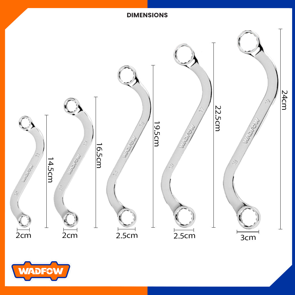 Set of 5 S-shaped double-head Ring Wrench 8-22mm 45# carbon steel, polished WFR4405