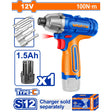 WADFOW 12V cordless impact wrench, blue and orange body with 100N.m torque, shown with a 1.5Ah battery, a set of sockets, and retail packaging; features Type-C charging (charger sold separately)